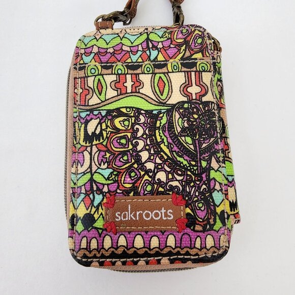 SAKROOTS Crossbody Smartphone Wallet Studded Peace Pattern Boho Coated Canvas - Picture 2 of 7